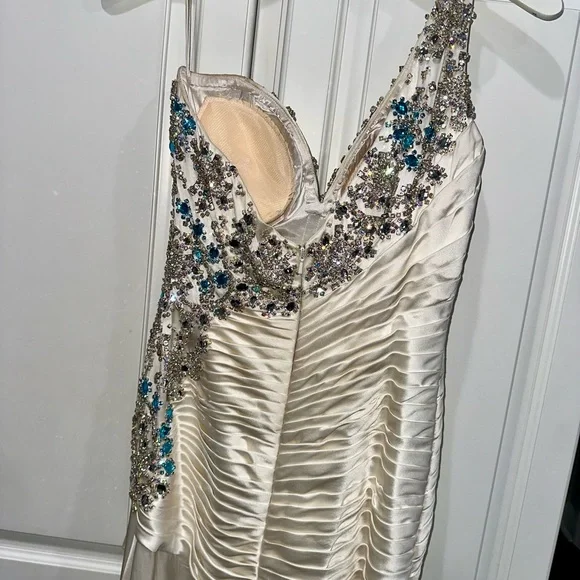 Sherri Hill Elegant White Pageant Gown w/ Large Blue & Clear Rhinestones - Picture 7 of 17